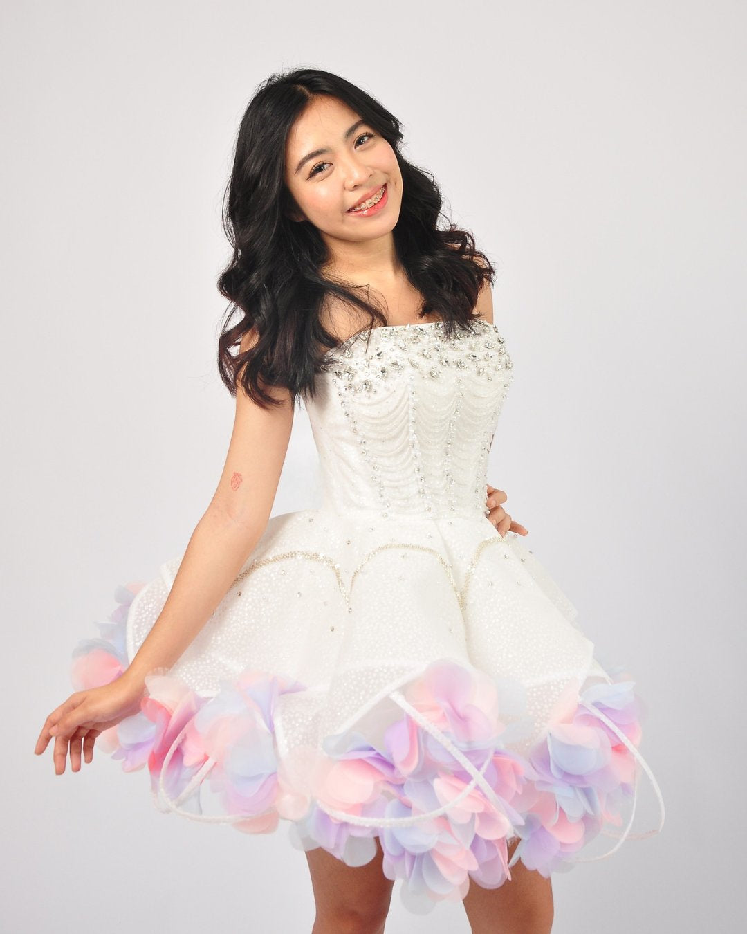Alexa Strapless Beaded Mini Gown in Off-White