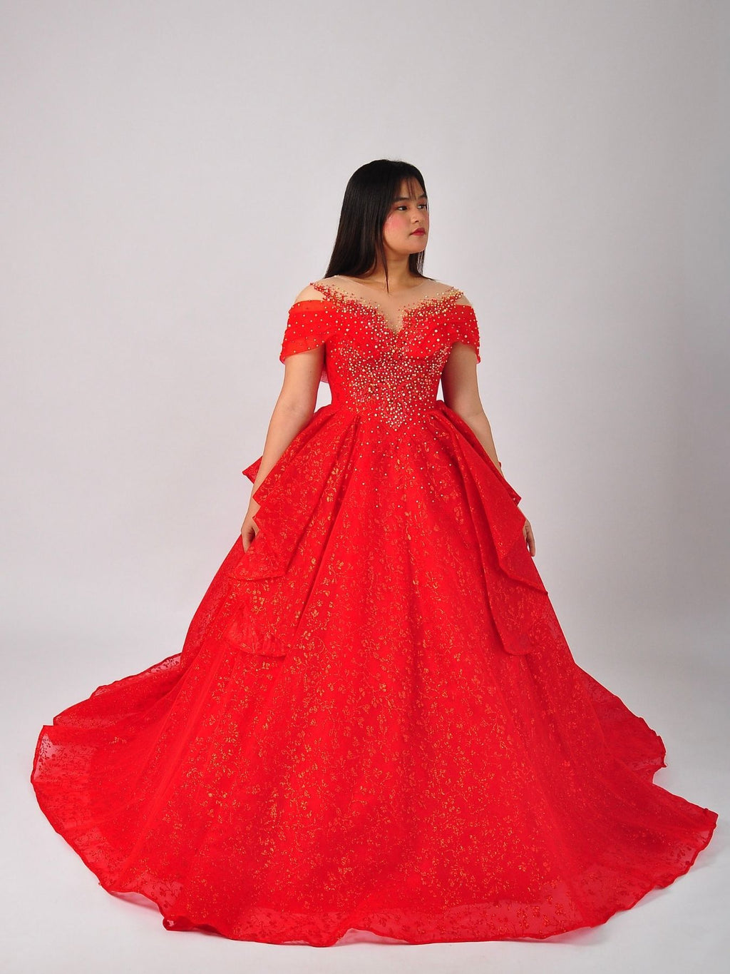 Anastasia Red Glitter Ball Gown with Beaded Corset