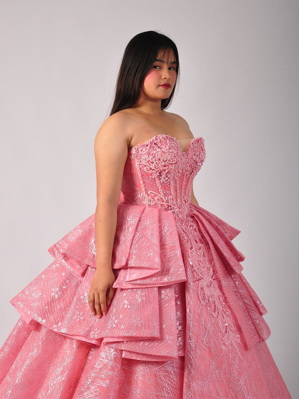 Aria Layered Glitter Ball Gown in Blush Pink
