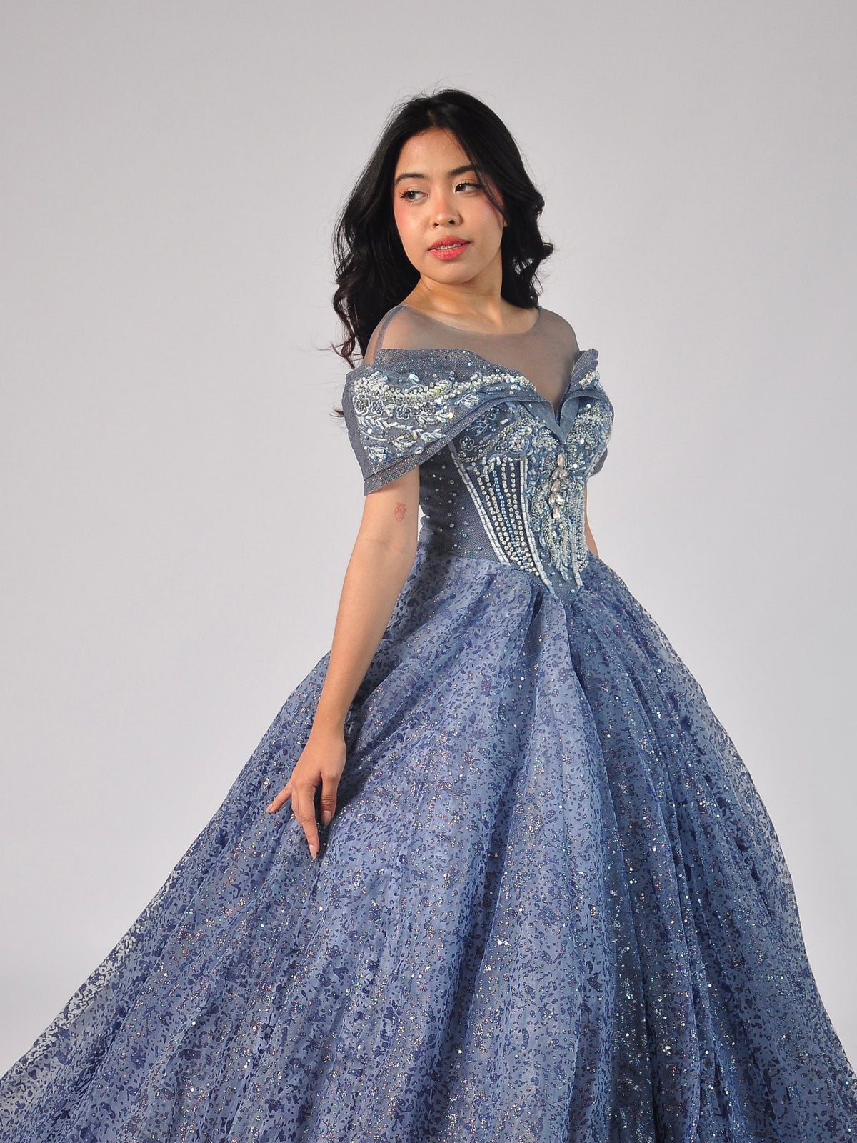 Ava Off-Shoulder Embellished Ball Gown in Steel Blue