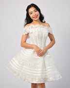 Camille Off-Shoulder Lace Beaded Mini Gown in Off-White