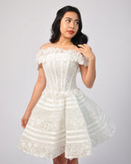 Camille Off-Shoulder Lace Beaded Mini Gown in Off-White