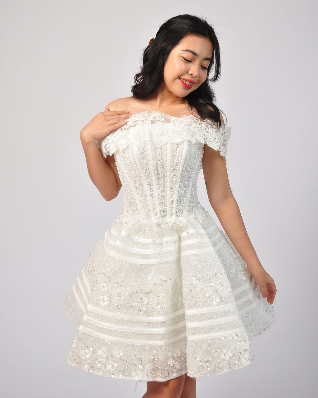 Camille Off-Shoulder Lace Beaded Mini Gown in Off-White