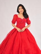 Elena Puff Sleeve Ball Gown in Ruby Red