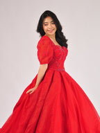 Elena Puff Sleeve Ball Gown in Ruby Red