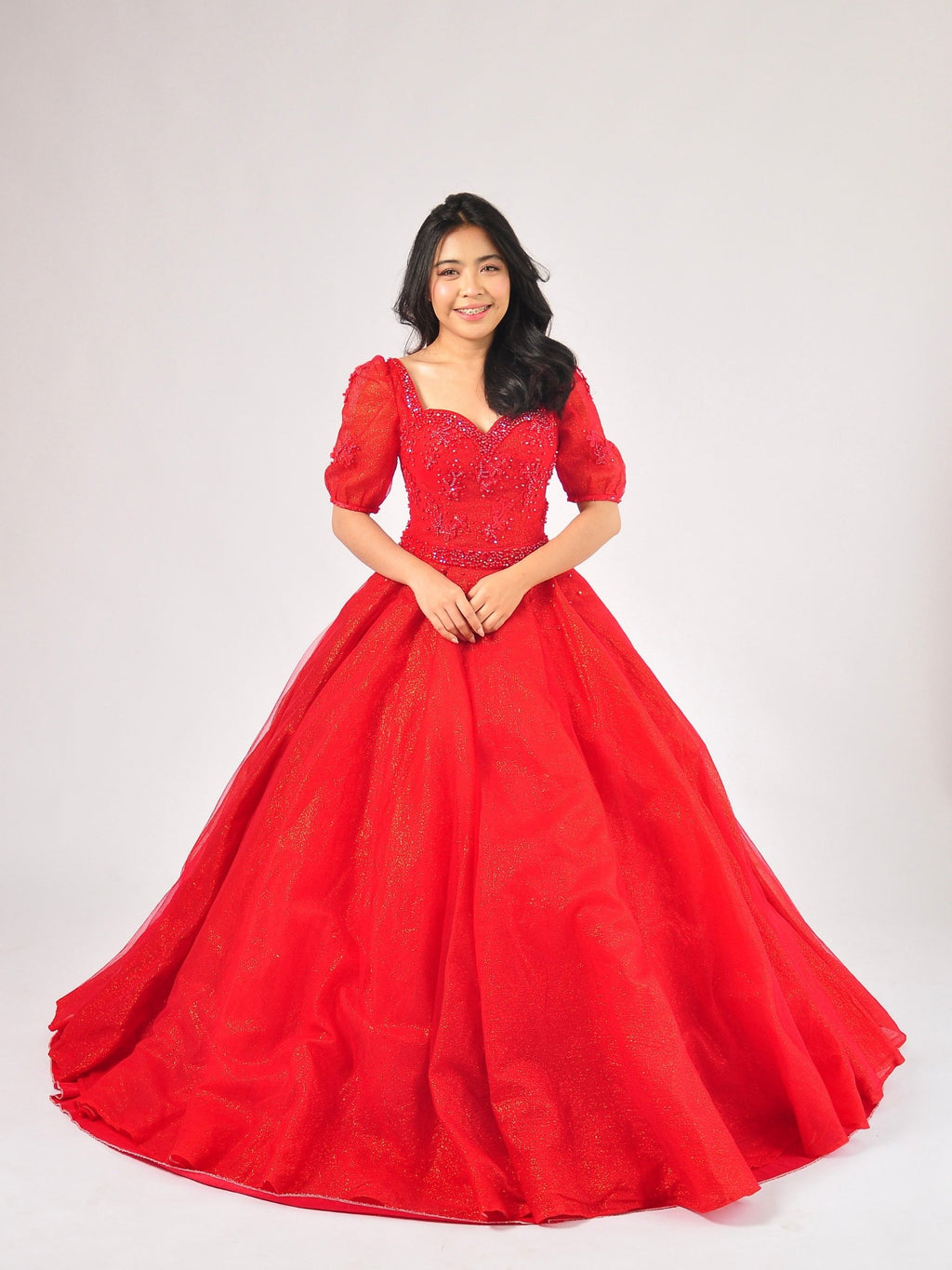 Elena Puff Sleeve Ball Gown in Ruby Red