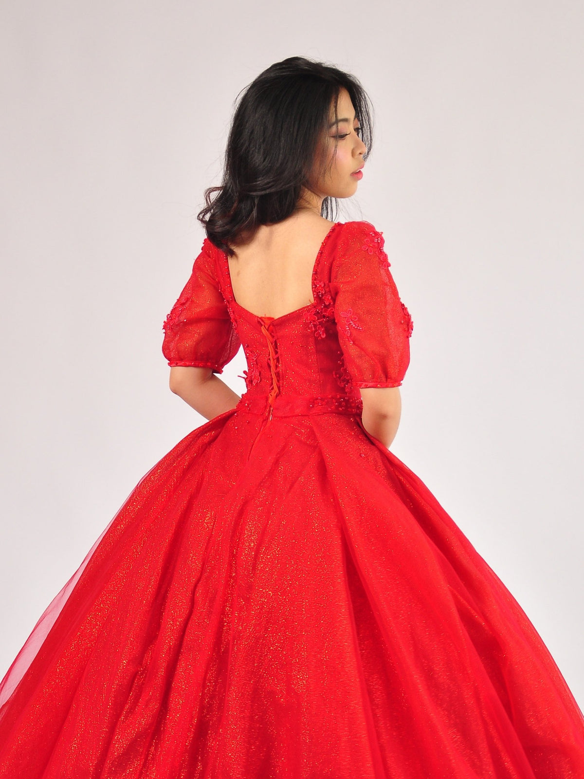 Elena Puff Sleeve Ball Gown in Ruby Red