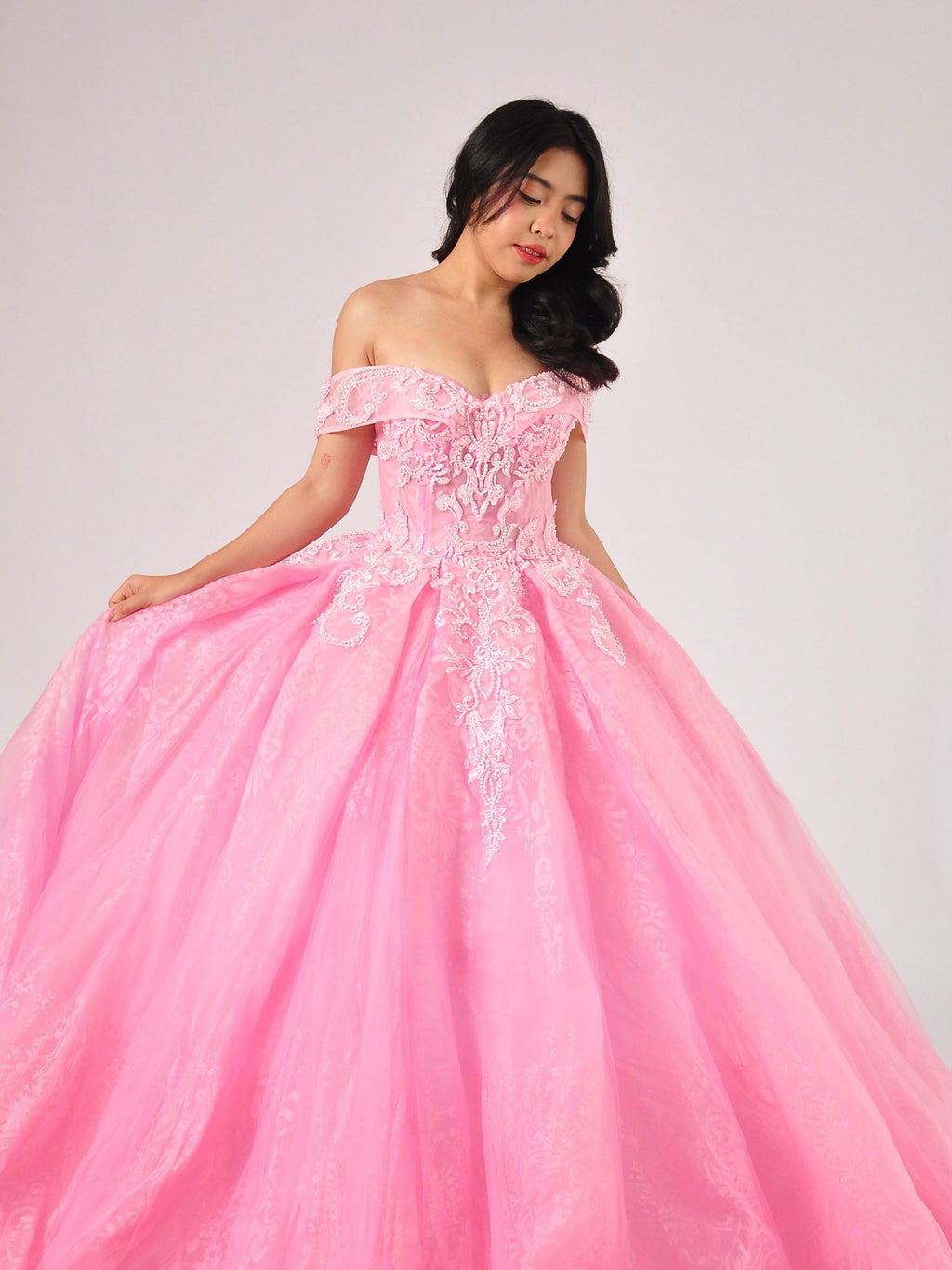 Florina Off-Shoulder Embroidered Ball Gown in Blush Pink