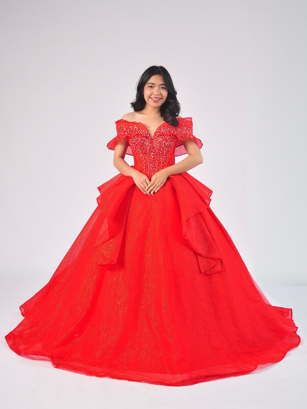 Ruella Off-Shoulder Ball Gown in Red
