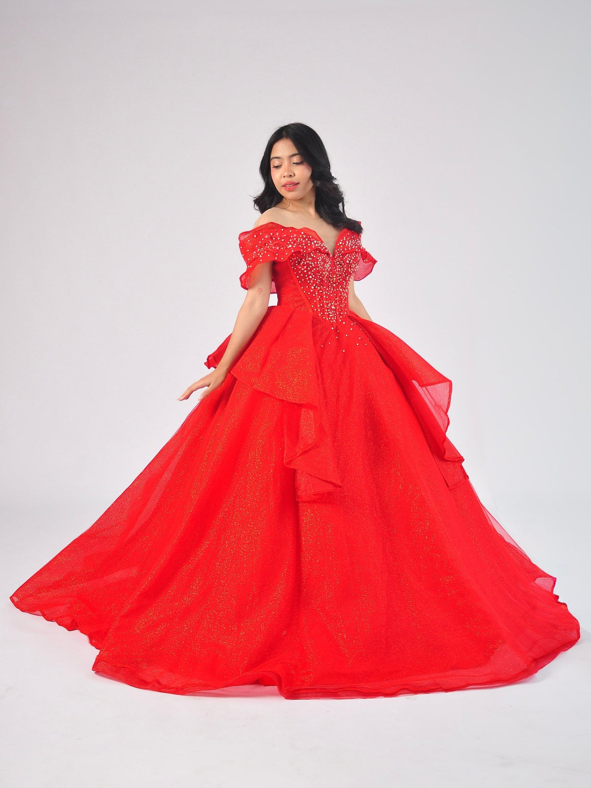 Ruella Off-Shoulder Ball Gown in Red