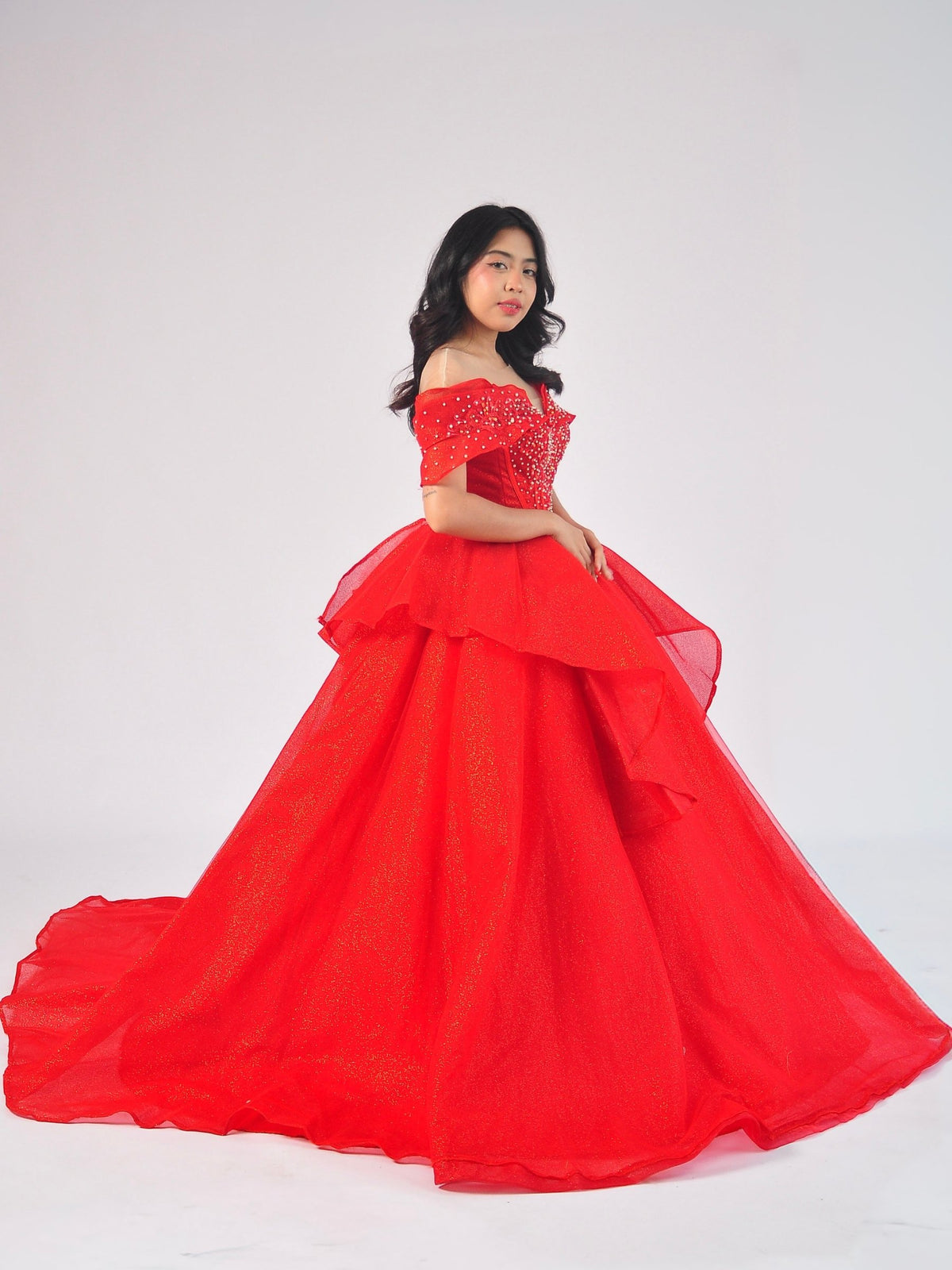Ruella Off-Shoulder Ball Gown in Red