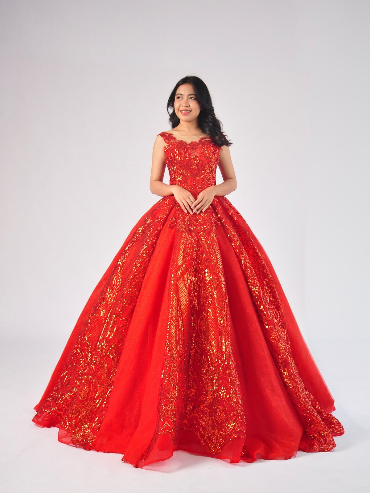 Sandra Ball Gown in Red with Gold Embroidery