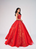 Sandra Ball Gown in Red with Gold Embroidery