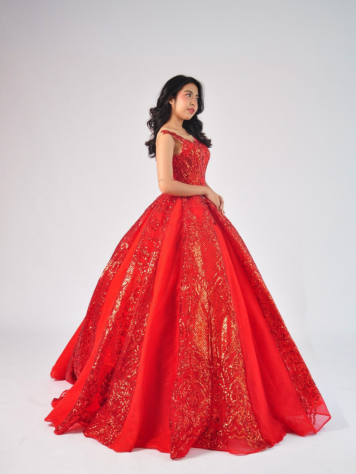 Sandra Ball Gown in Red with Gold Embroidery