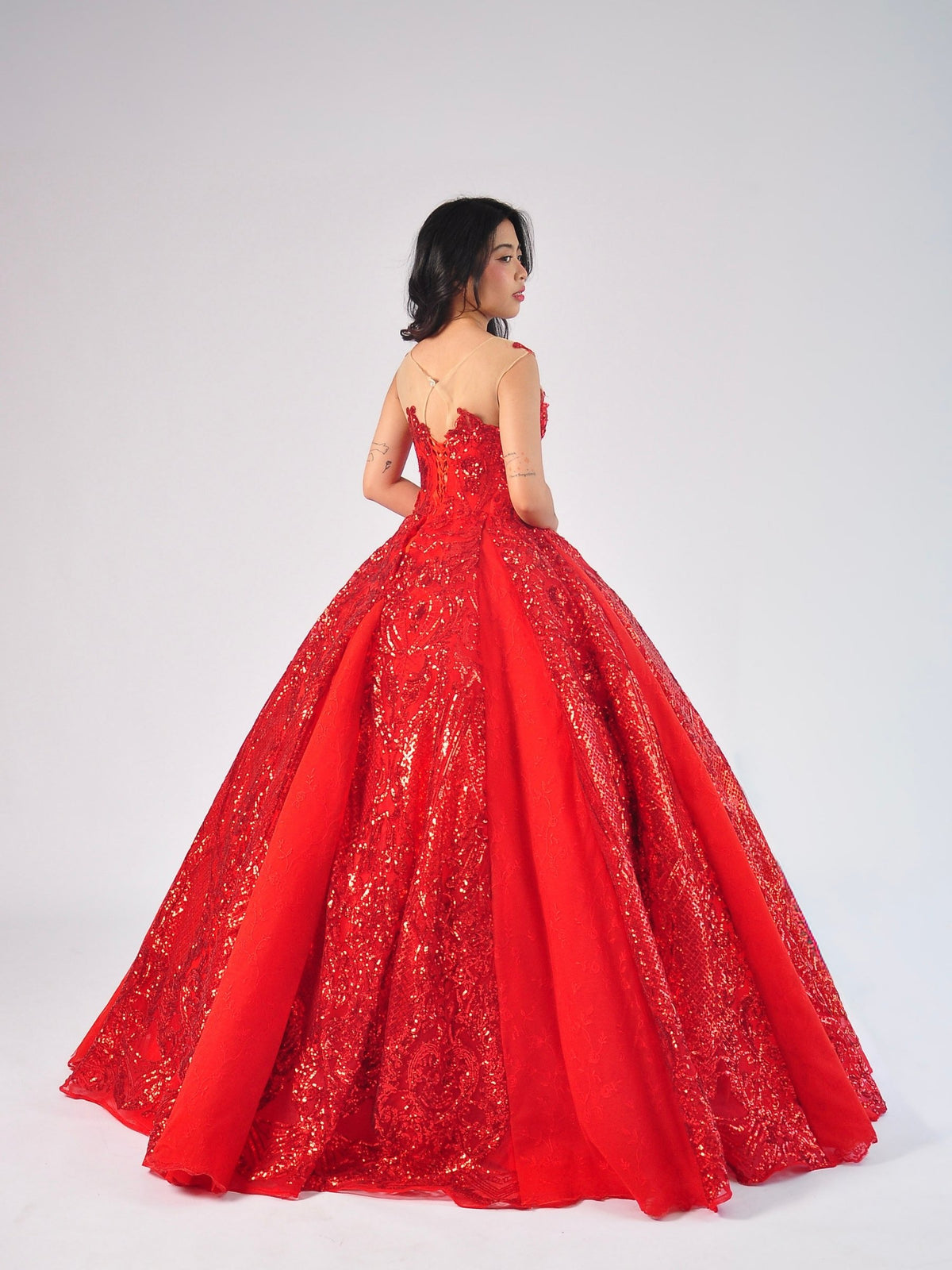 Sandra Ball Gown in Red with Gold Embroidery