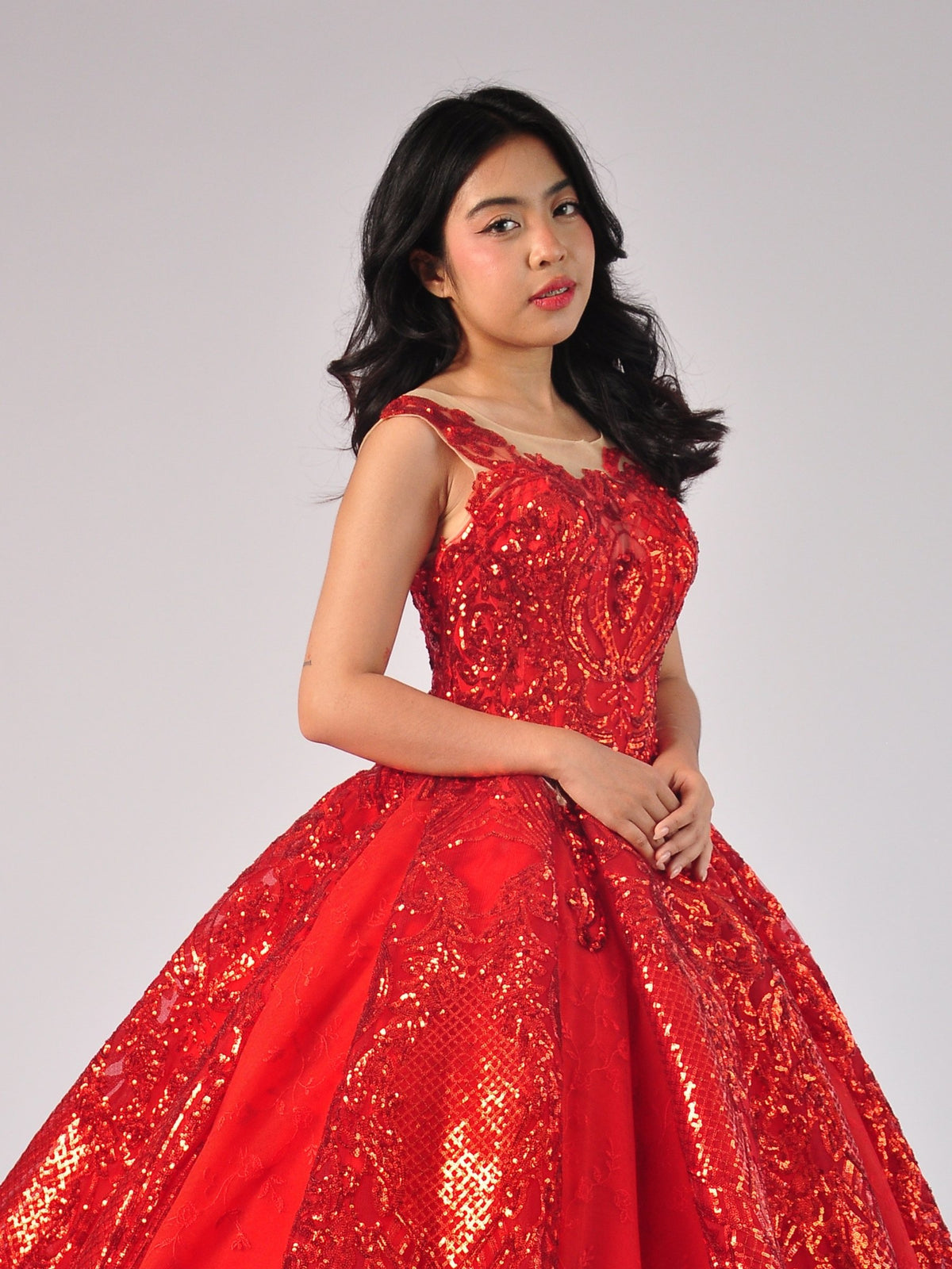 Sandra Ball Gown in Red with Gold Embroidery