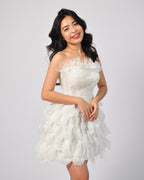 Santana Feathered Tulle Gown in Off-White