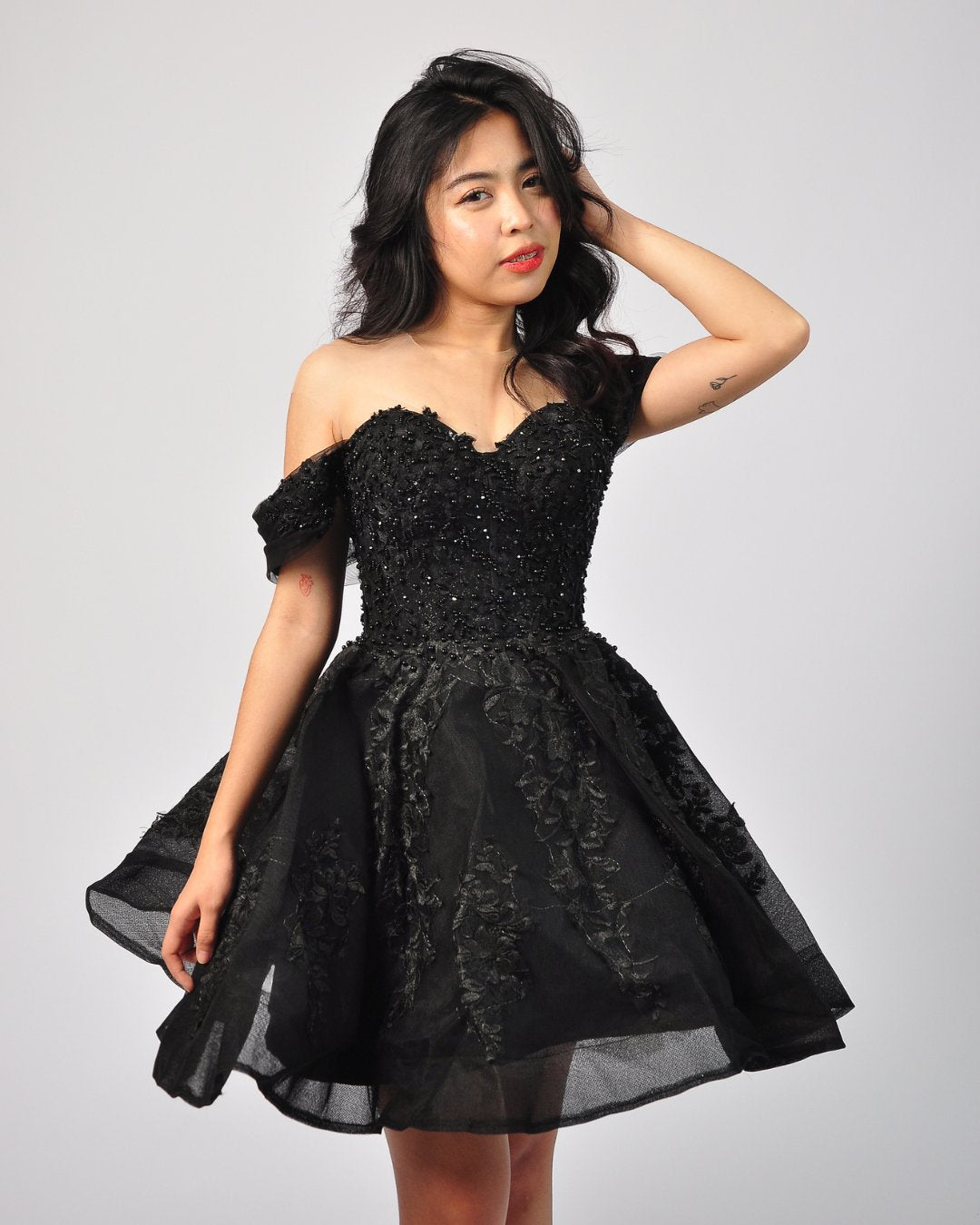 Valerie Beaded Tulle Mini Gown in Black